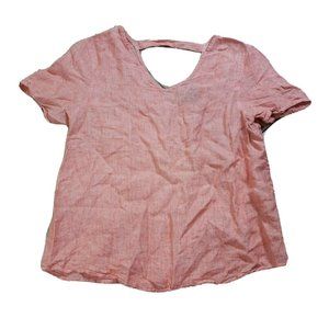 Saks Fifth Avenue Small 100% Linen Top Coral V Neck Designer Fashion Lagenlook